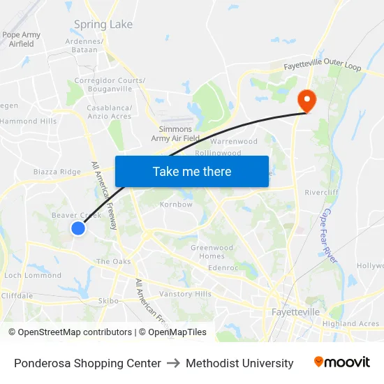 Ponderosa Shopping Center to Methodist University map