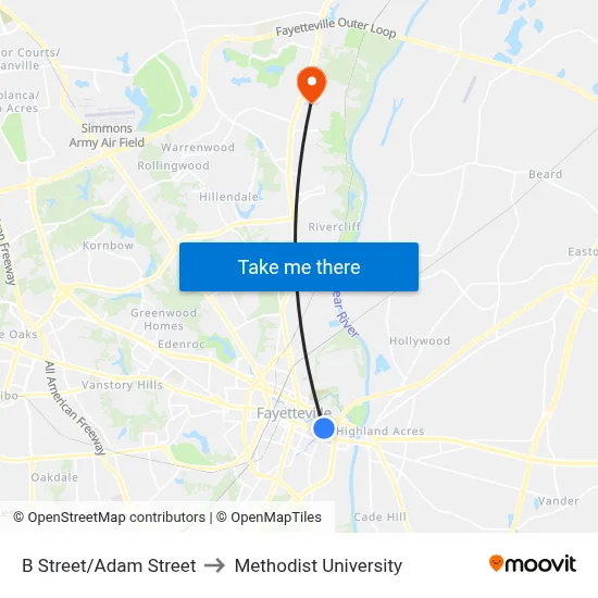 B Street/Adam Street to Methodist University map