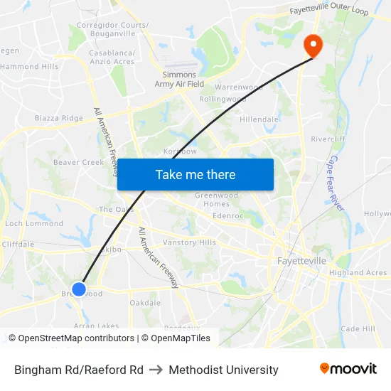 Bingham Rd/Raeford Rd to Methodist University map