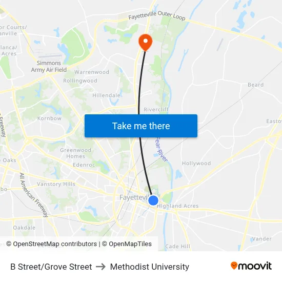 B Street/Grove Street to Methodist University map