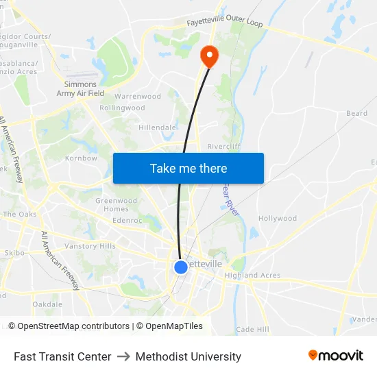 Fast Transit Center to Methodist University map