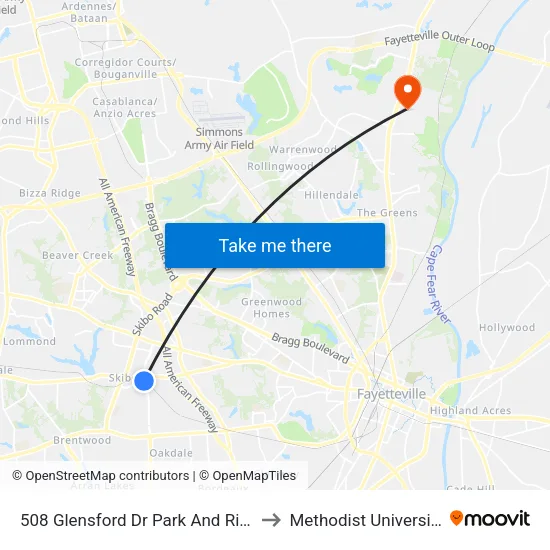 508 Glensford Dr Park And Ride to Methodist University map
