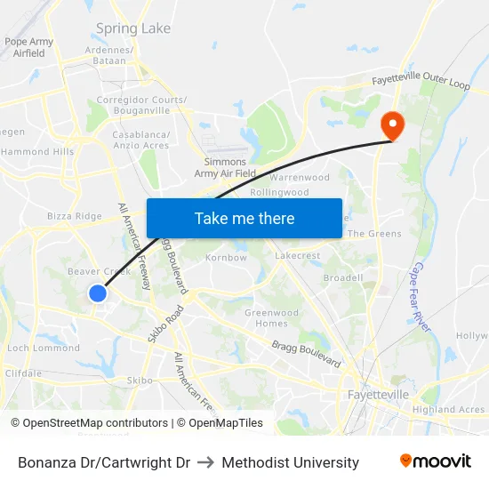 Bonanza Dr/Cartwright Dr to Methodist University map