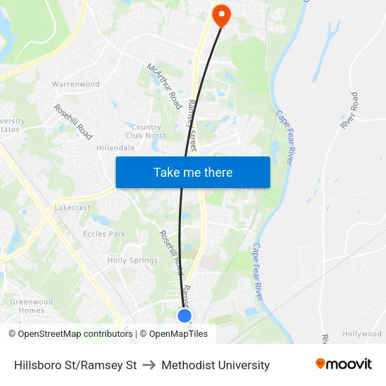 Hillsboro St/Ramsey St to Methodist University map