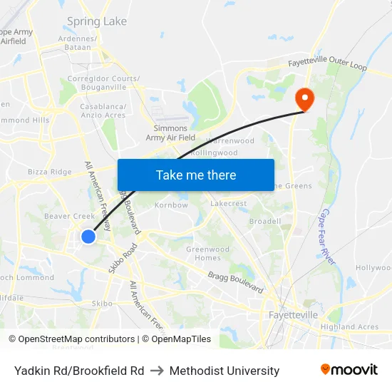 Yadkin Rd/Brookfield Rd to Methodist University map