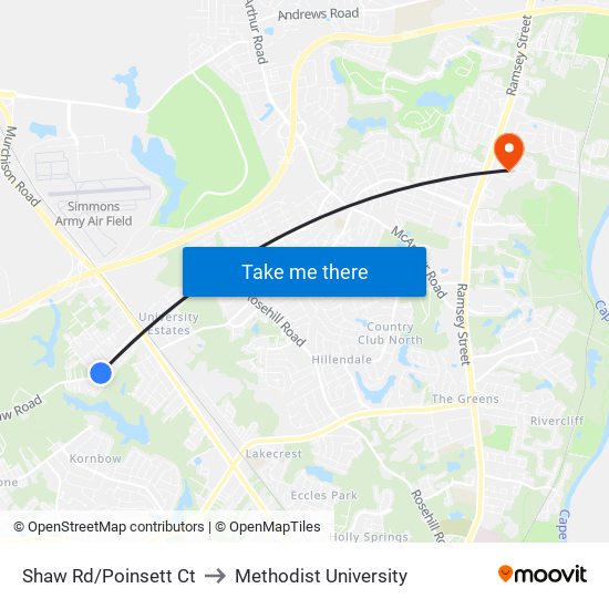 Shaw Rd/Poinsett Ct to Methodist University map