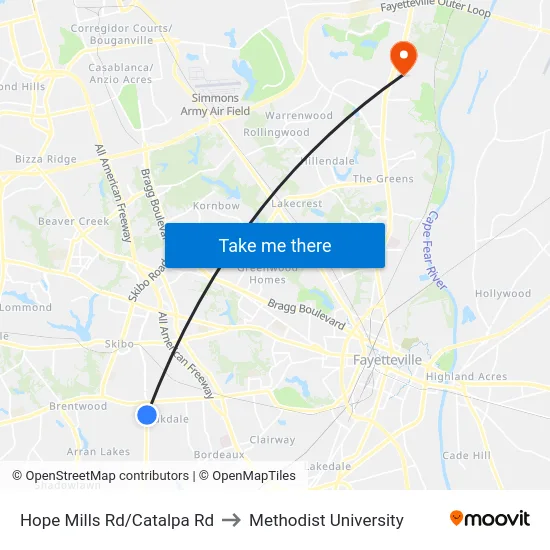 Hope Mills Rd/Catalpa Rd to Methodist University map