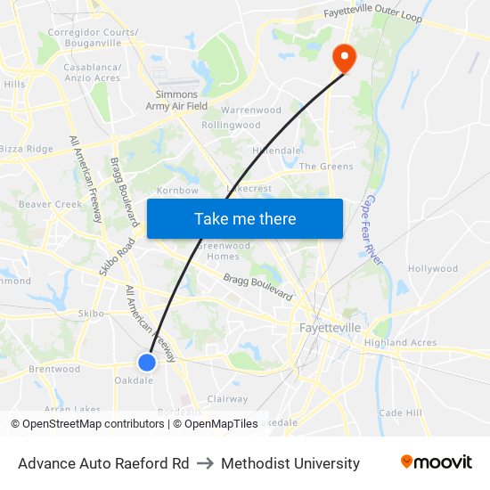 Advance Auto Raeford Rd to Methodist University map