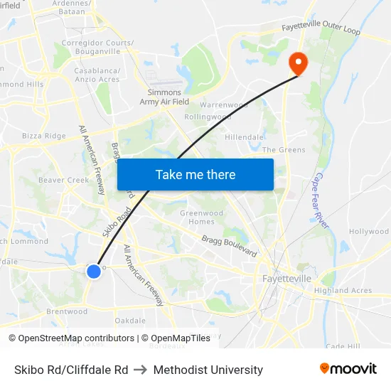 Skibo Rd/Cliffdale Rd to Methodist University map