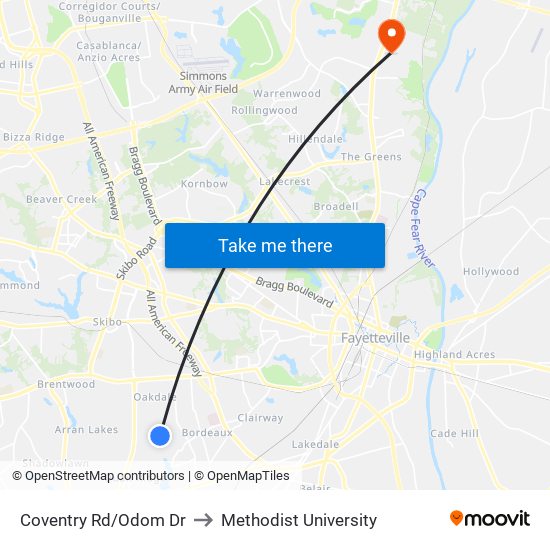 Coventry Rd/Odom Dr to Methodist University map