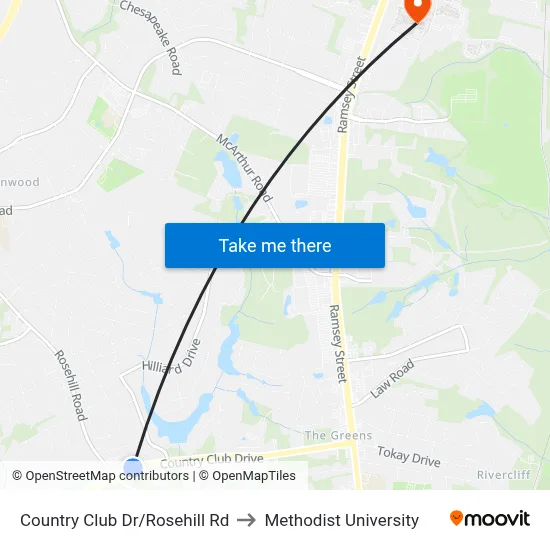 Country Club Dr/Rosehill Rd to Methodist University map