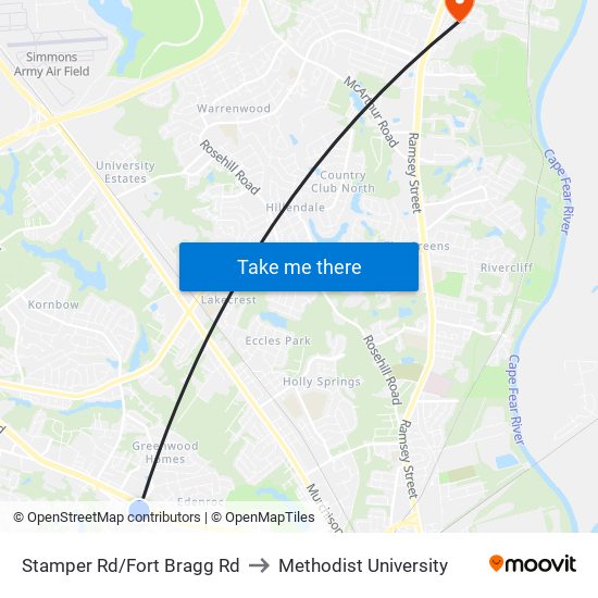 Stamper Rd/Fort Bragg Rd to Methodist University map