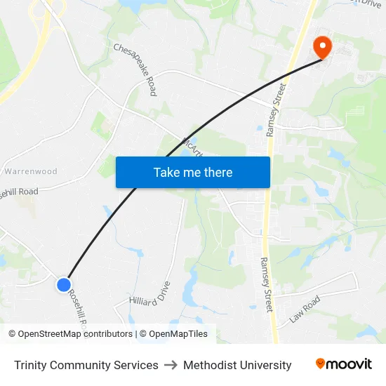 Trinity Community Services to Methodist University map