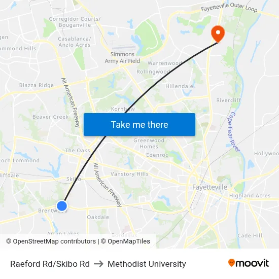 Raeford Rd/Skibo Rd to Methodist University map