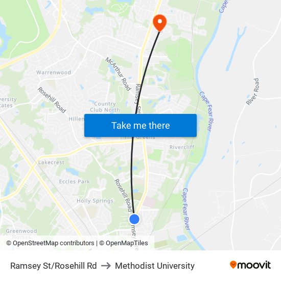 Ramsey St/Rosehill Rd to Methodist University map