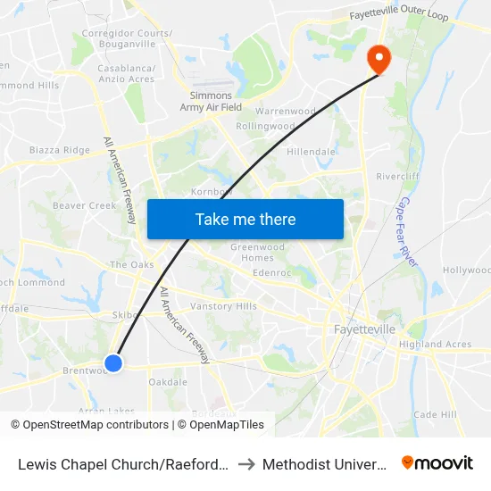 Lewis Chapel Church/Raeford Rd to Methodist University map