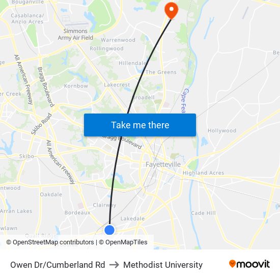 Owen Dr/Cumberland Rd to Methodist University map