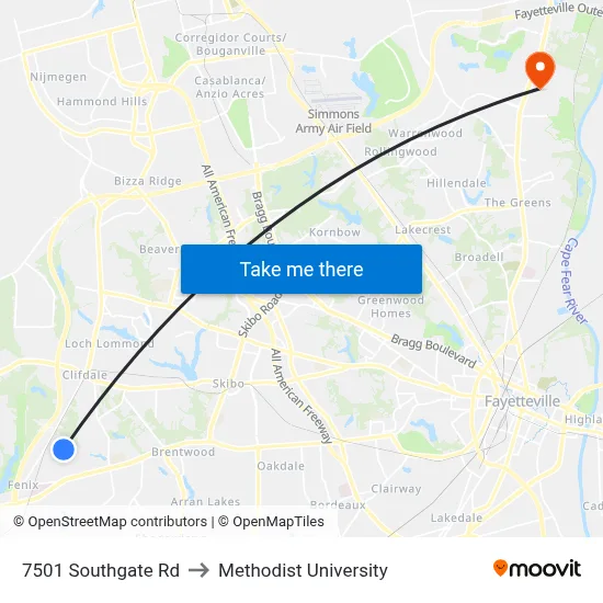 7501 Southgate Rd to Methodist University map