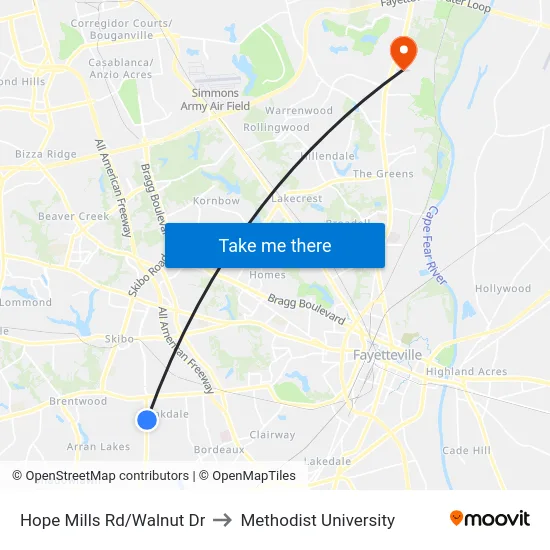 Hope Mills Rd/Walnut Dr to Methodist University map