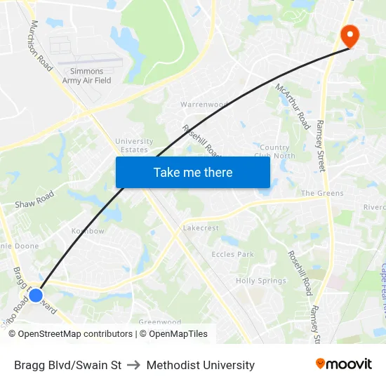 Bragg Blvd/Swain St to Methodist University map