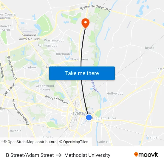 B Street/Adam Street to Methodist University map