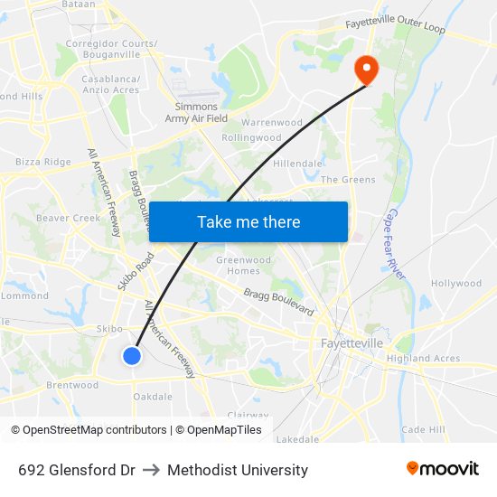 692 Glensford Dr to Methodist University map