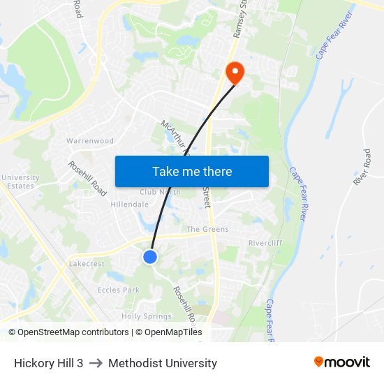Hickory Hill 3 to Methodist University map