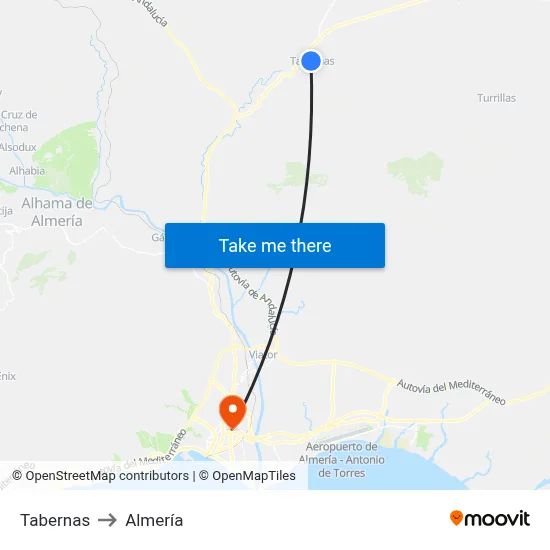 Tabernas to Almería map