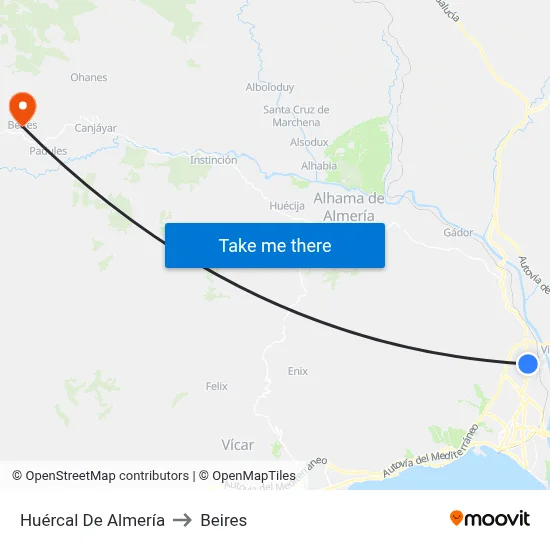 Huércal De Almería to Beires map