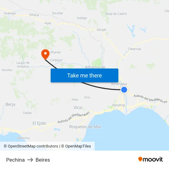 Pechina to Beires map