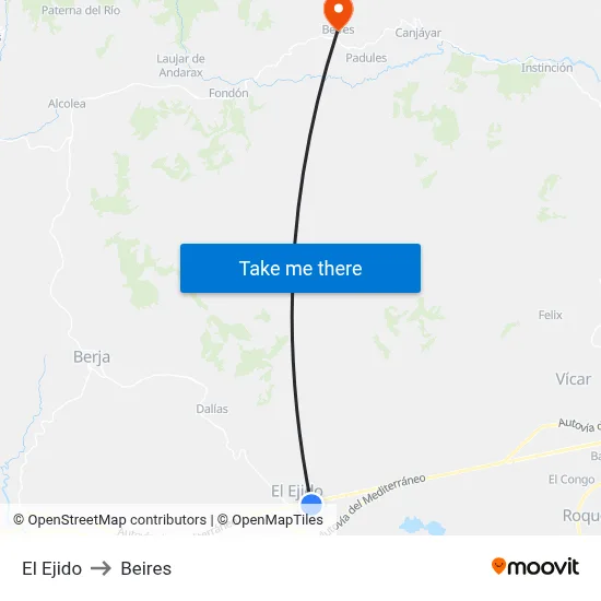 El Ejido to Beires map