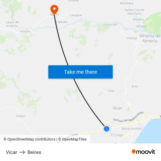 Vícar to Beires map