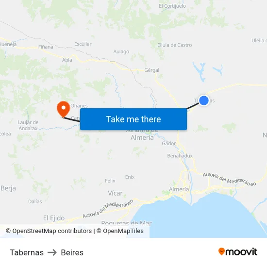Tabernas to Beires map