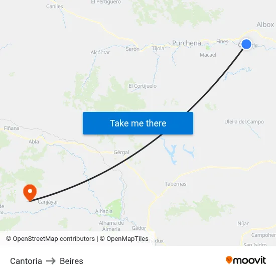 Cantoria to Beires map