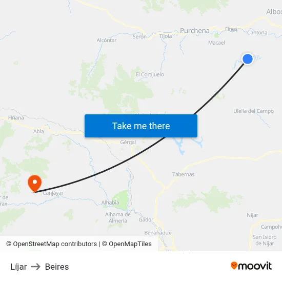 Líjar to Beires map