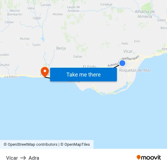 Vícar to Adra map