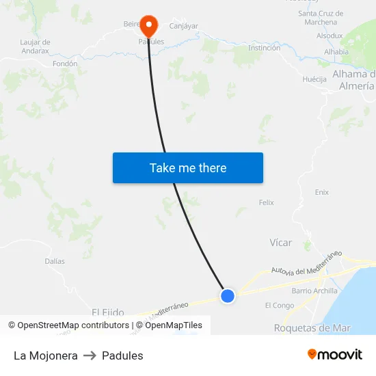 La Mojonera to Padules map