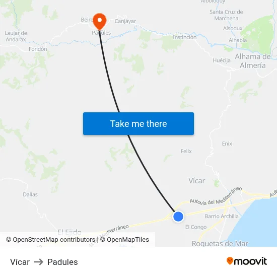 Vícar to Padules map