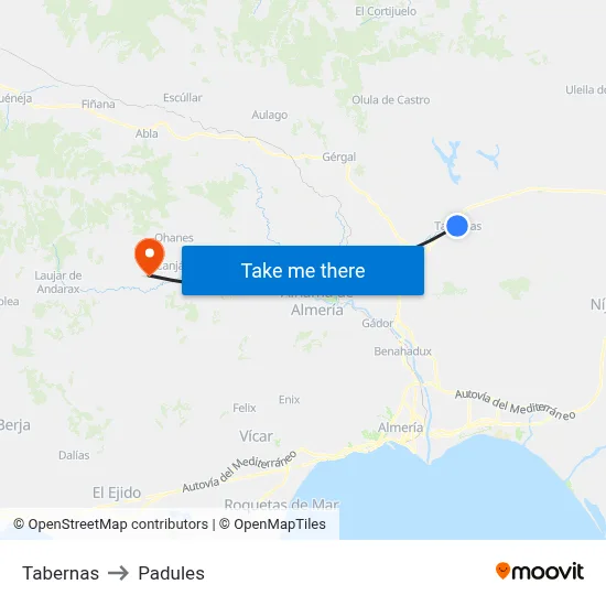 Tabernas to Padules map