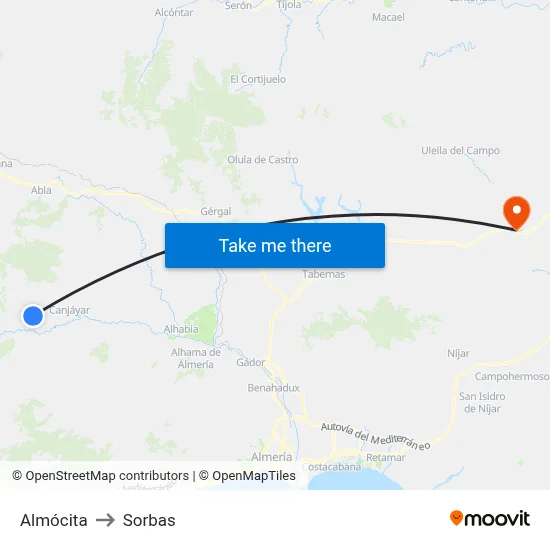 Almócita to Sorbas map