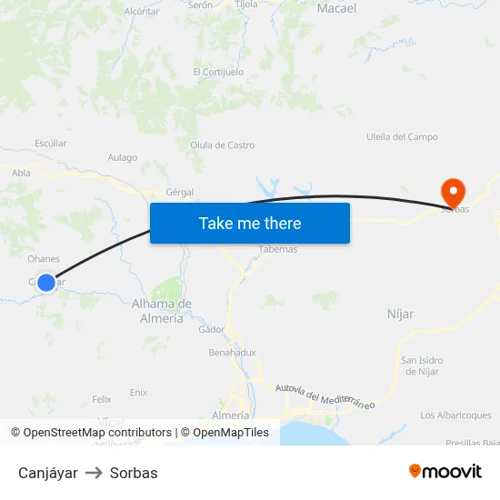 Canjáyar to Sorbas map