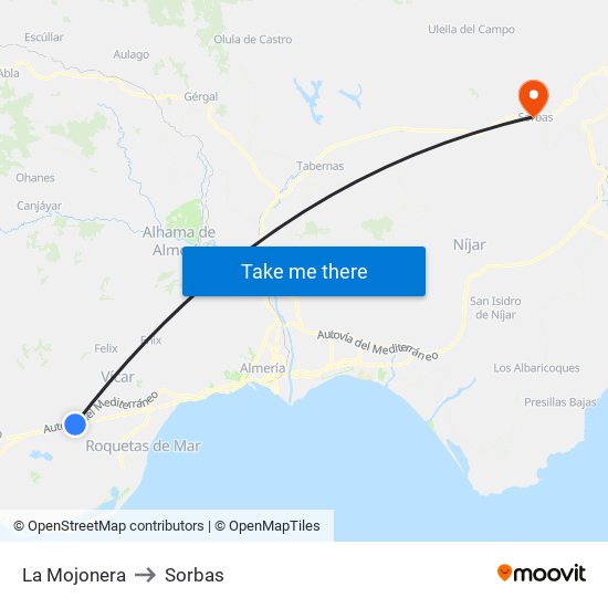 La Mojonera to Sorbas map