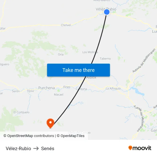 Vélez-Rubio to Senés map