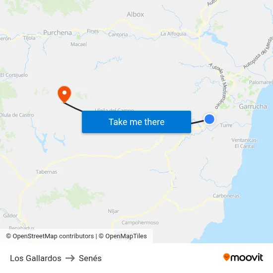 Los Gallardos to Senés map