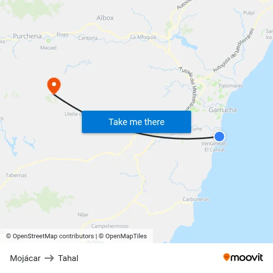 Mojácar to Tahal map