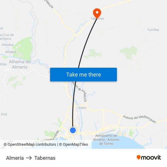 Almería to Tabernas map