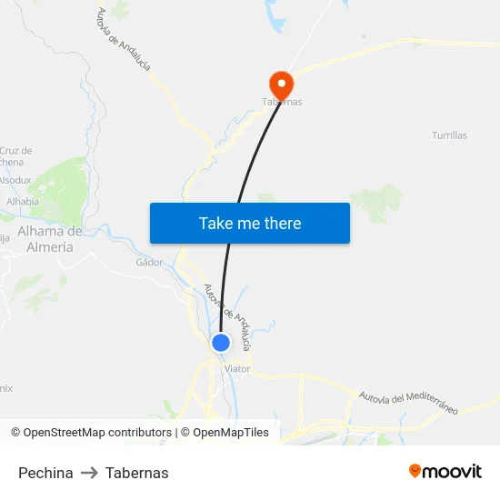 Pechina to Tabernas map