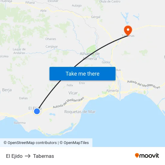 El Ejido to Tabernas map