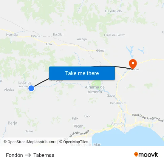 Fondón to Tabernas map