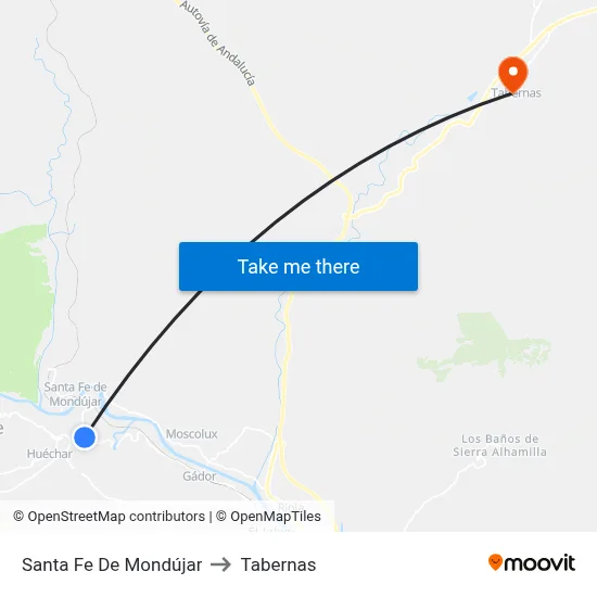 Santa Fe De Mondújar to Tabernas map